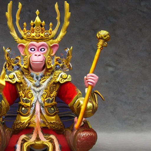 Image similar to monkey king godly lord of monkeys, wearing a crown, holding a staff, sitting in throne 8 k render high detail