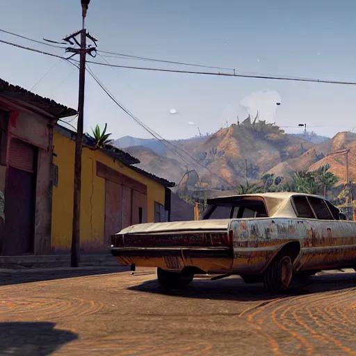 Image similar to highly detailed - on its side in gta v, in a empty town in colombia, stephen bliss, unreal engine, fantasy art by greg rutkowski, loish, rhads, ferdinand knab, makoto shinkai and lois van baarle, ilya kuvshinov, rossdraws, tom bagshaw, global illumination, detailed and intricate environment w 7 6 8