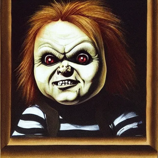 Prompt: painting of chucky by judson huss and henriette grindat and albrecht durer | horror themed | creepy