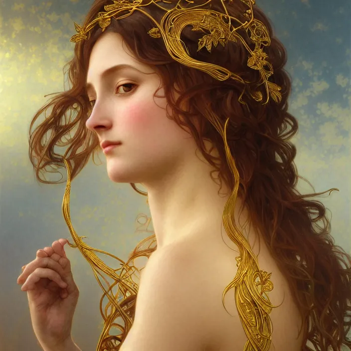 Image similar to portrait of gaea goddess with thin gold tendrils, intricate, elegant, highly detailed, digital painting, artstation, concept art, smooth, sharp focus, illustration, art by artgerm and greg rutkowski and alphonse mucha and william - adolphe bouguereau