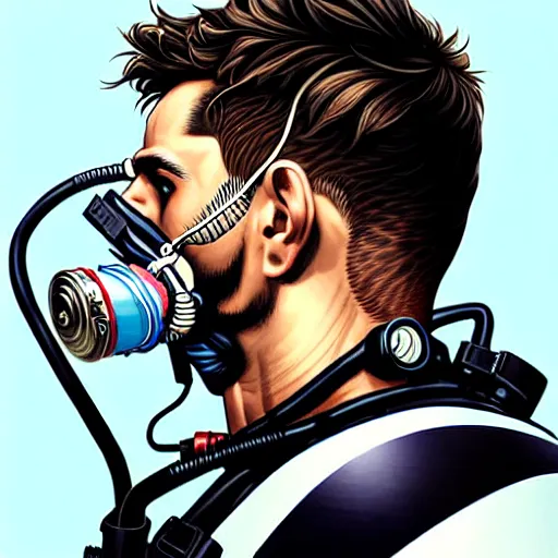 Image similar to portrait of a male diver with a oxygen mask intricate details mask in side profile by MARVEL comics and Sandra Chevrier