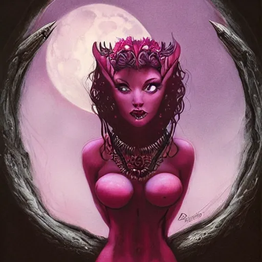 Image similar to portrait of princess of the dreamlands and moon beast, beautiful! coherent! by brom, deep colors, red maroon purple pink black, strong lines, rule of thirds, head centered