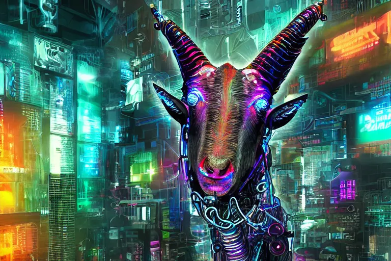 Image similar to complex cyberpunk machine background merged with evil cybernetic goat head in center focus, multicolored digital art