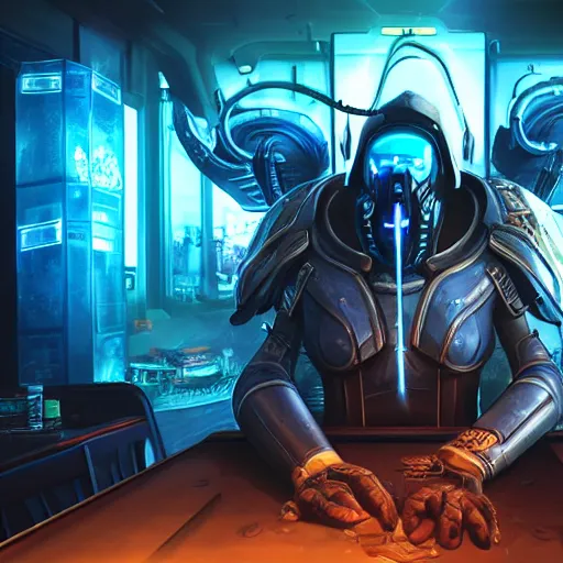 Image similar to high quality portrait of a starcraft Protoss Zealot in a cyberpunk cyberpunk cyberpunk cafe, realism, 8k, award winning photo