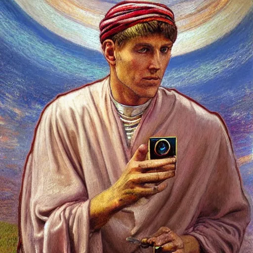 Prompt: A painting. A rip in spacetime. Did this device in his hand open a portal to another dimension or reality?! Lawrence of Arabia, pastel dark by William Holman Hunt, by Travis Louie straight, melancholic
