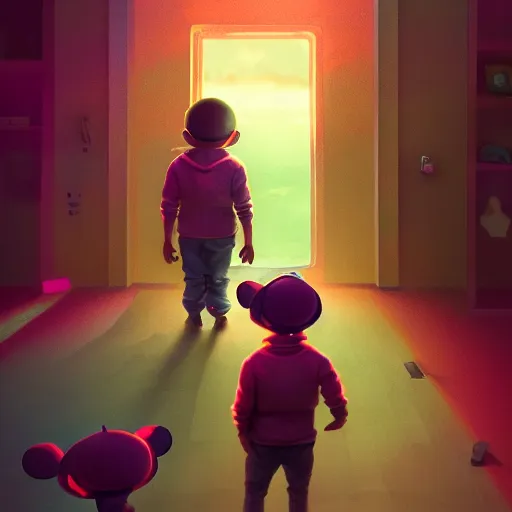 Image similar to miniature deadmau5 kids standing back to back, twilight zone background, illustration, artgerm, octane render, inspired by Greg rutkowski, colorful, studio lighting, full body,