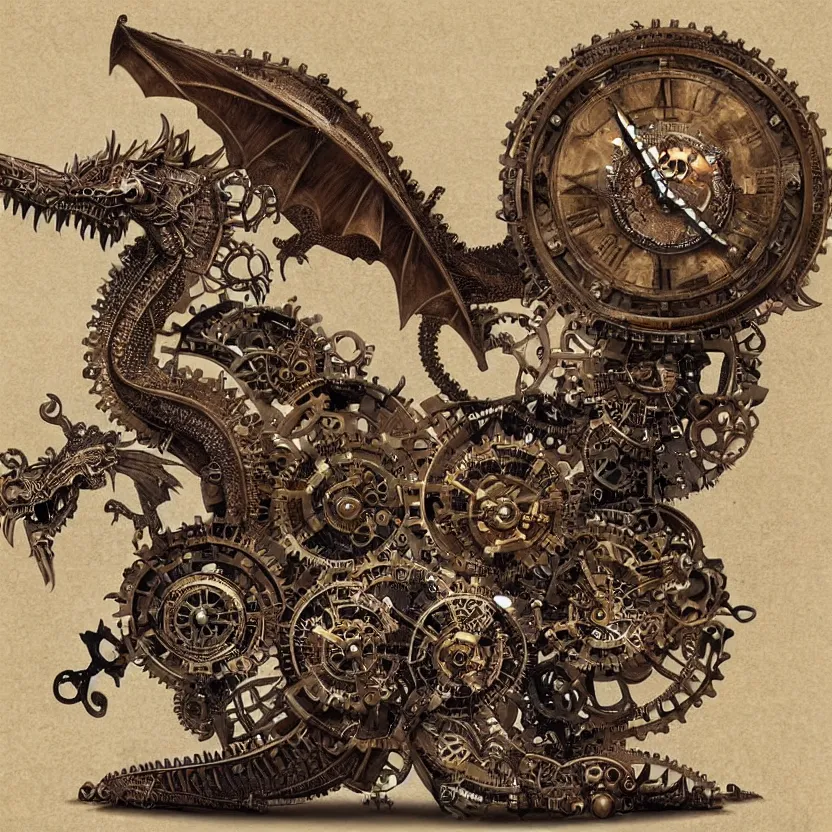 Prompt: steampunk dragon made of clockwork gears. whimsical fantasy art. award winning painting. highly detailed digital art. masterpiece. trending on artstation