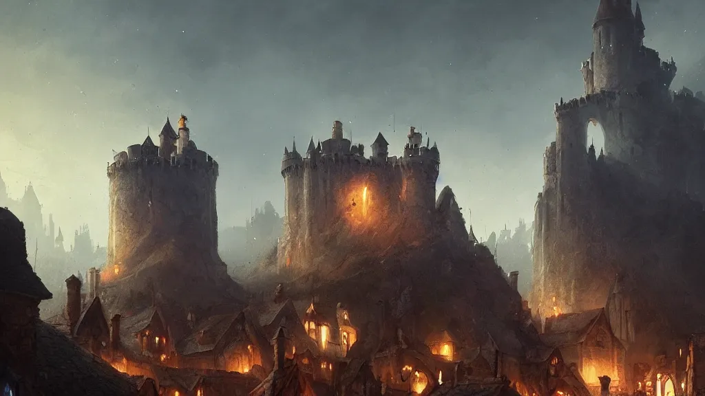 Image similar to A medieval fantasy village surrounding a towering wizard's castle on a hill, crescent moon, light glowing from windows at night, smoke from chimneys concept art by Greg Rutkowski