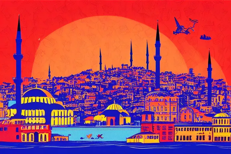 Image similar to istanbul poster art by tom whalen, crayon art, cityscape, behance hd, digital illustration