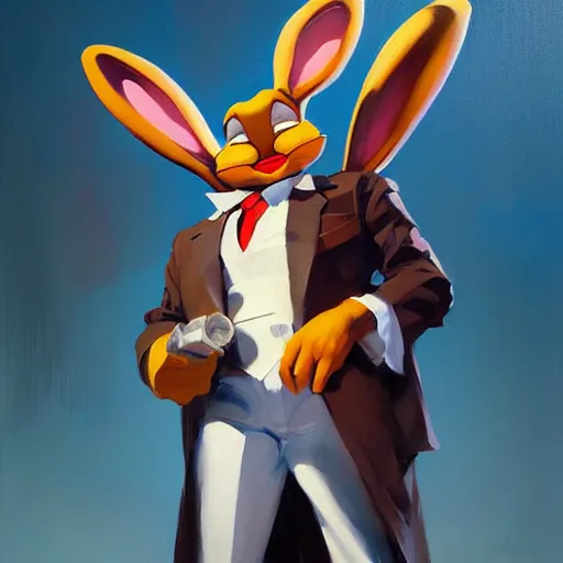 Image similar to Greg Manchess portrait painting of Roger Rabbit as Overwatch character, medium shot, asymmetrical, profile picture, Organic Painting, sunny day, Matte Painting, bold shapes, hard edges, street art, trending on artstation, by Huang Guangjian and Gil Elvgren and Sachin Teng