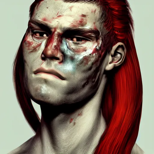 Image similar to portrait, 30 years old man :: red hair ponytail :: burned face, grimy :: high detail, digital art, RPG, concept art, illustration