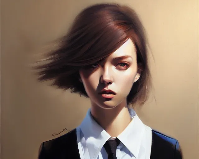 Image similar to a ultradetailed beautiful portrait panting of a stylish woman wearing a shirt with a tie, she has messy hair, oil painting, by ilya kuvshinov, greg rutkowski and hajime sorayama, trending on artstation