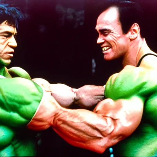 Prompt: hulk arm-wrestling with arnold schwarzenneger