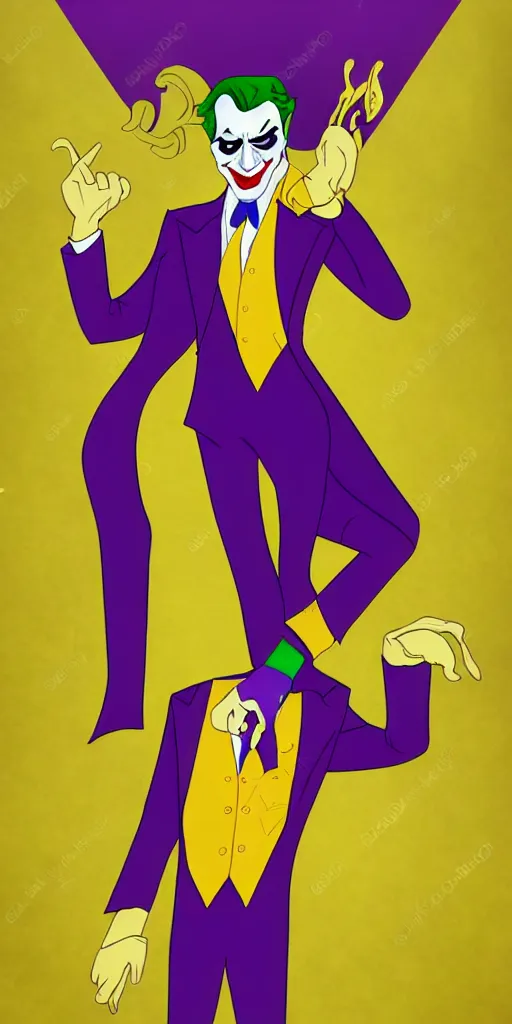 Image similar to joker wearing purple suit, yellow background, disney movie poster style, animation