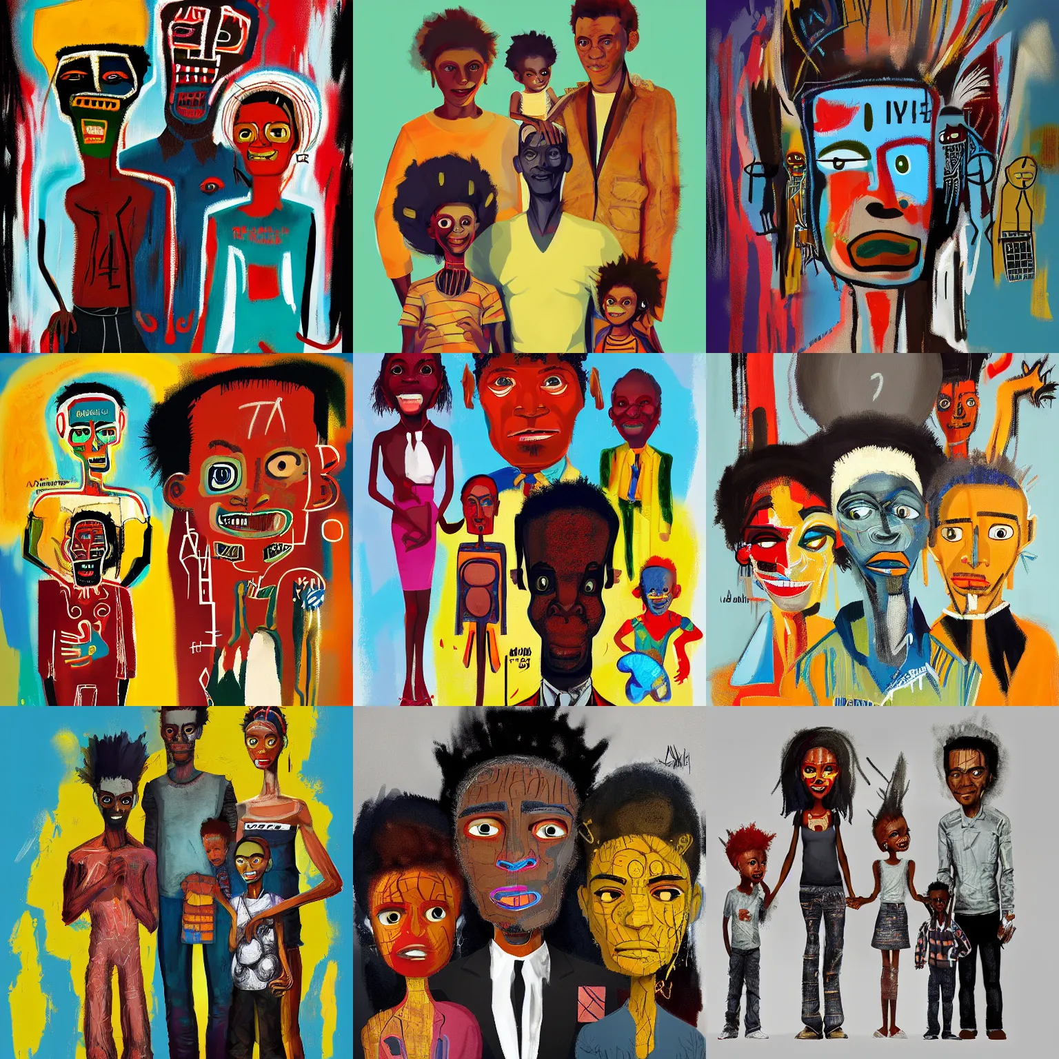 Prompt: family, in the syle of aboudia, jean - michel basquiat and genesis tramaine, trending on artstation, cgsociety, deviantart