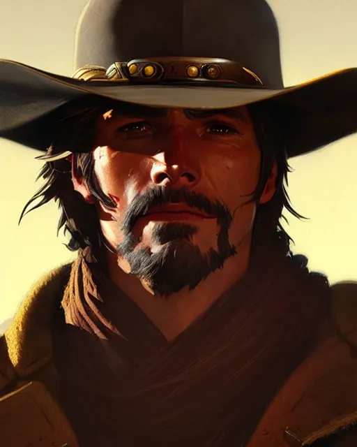 Image similar to mccree from overwatch, character portrait, portrait, close up, concept art, intricate details, highly detailed by greg rutkowski, michael whelan and gustave dore