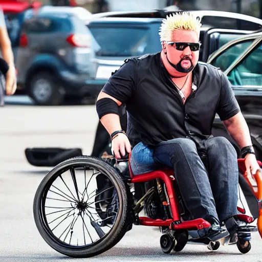 Image similar to guy fieri in a wheel chair, going down stairs, action, hd