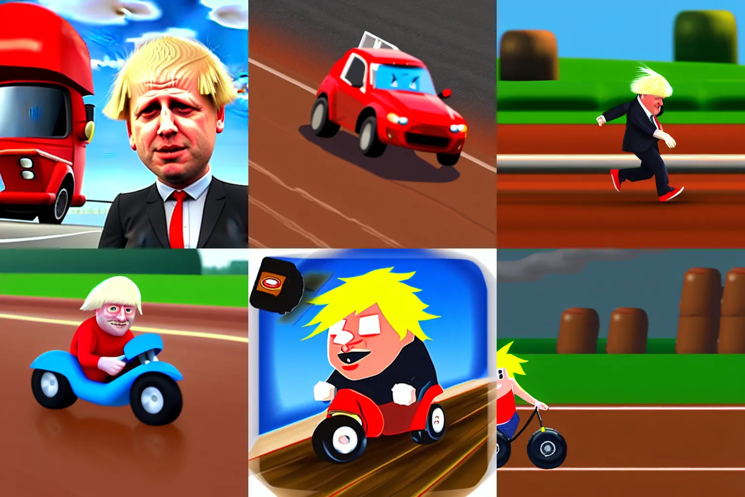 Prompt: Boris Johnson as a character in double dash, red shell. Dirt track, rainy day. Game render