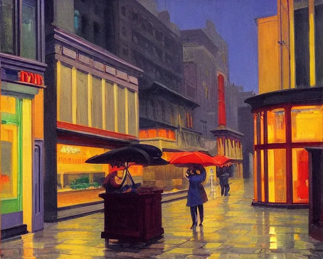 Image similar to street with food stands in a cyberpunk city on a rainy melancholy night by edward hopper