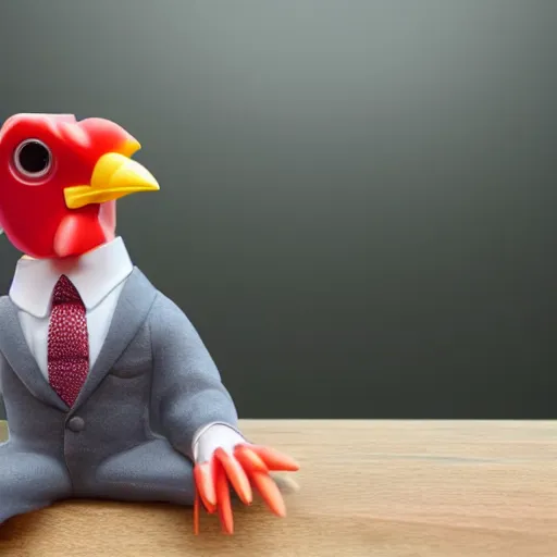 Prompt: a high detail shot of an antropomorphic chicken wearing a suit, realism, 8k