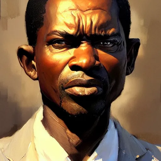 Prompt: Greg Manchess portrait painting of a skinny 50 year old African businessman character, villain, medium shot, athletic, asymmetrical, profile picture, Organic Painting, dramatic light, matte painting, bold shapes, hard edges, street art, trending on artstation, by Huang Guangjian and Gil Elvgren and Sachin Teng