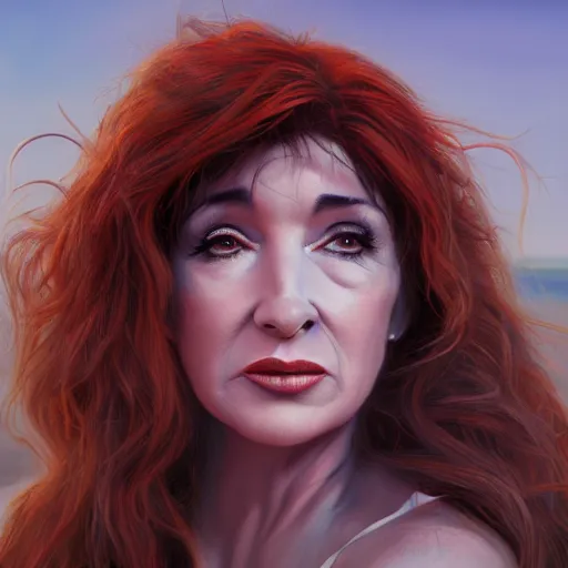 Image similar to a hyper real comic book style portait painting of kate bush on the beach, unreal 5, hyperrealistic, octane render, cosplay, rpg portrait, dynamic lighting