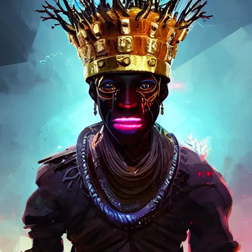 Prompt: a dark and ominous african moor with glowing eyes and a golden crown with a ruby, Apex Legends character digital illustration portrait design, by android jones and greg rutkowski in a cyberpunk voodoo style, detailed, cinematic lighting, wide angle action dynamic portrait