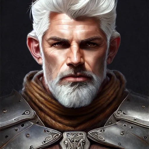 Image similar to portrait of a ruggedly handsome paladin, white hair, muscular, half body, leather, hairy, d & d, fantasy, intricate, elegant, highly detailed, digital painting, artstation, concept art, smooth, sharp focus, illustration, art by artgerm and greg rutkowski and alphonse mucha