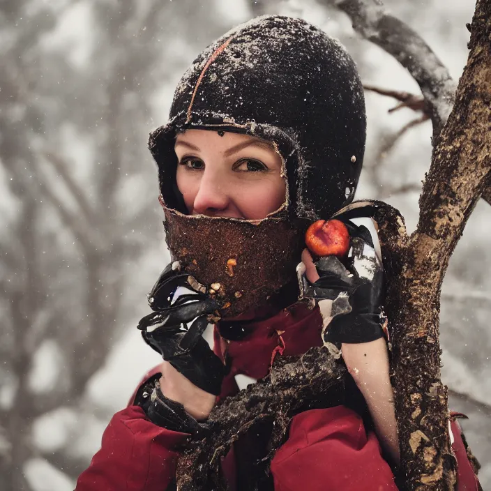 Image similar to a closeup portrait of a woman wearing a ski suit made of rusted metal scraps, picking plums from a tree in an orchard, foggy, moody, photograph, by vincent desiderio, canon eos c 3 0 0, ƒ 1. 8, 3 5 mm, 8 k, medium - format print