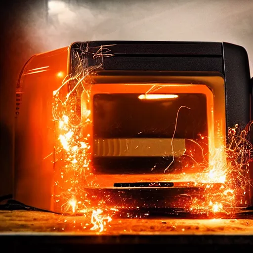 Prompt: toaster oven hangig by metallic cables, symmetry, dark messy smoke - filled cluttered workshop, dark, dramatic lighting, orange tint, sparks, cinematic, highly detailed, sci - fi, futuristic, movie still