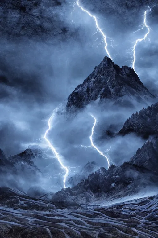 Image similar to digital matte fantasy dreamy mountain scape dark tones snow, lightning, storm, 8 k by alex grey