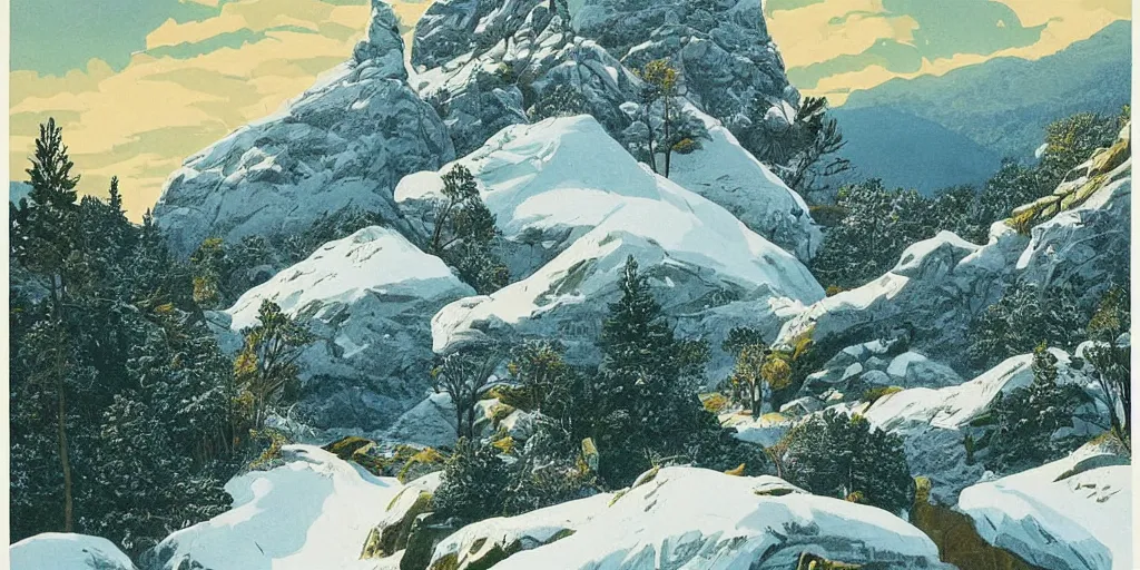 Image similar to beautiful idyllic poster illustration for a craggy barren icy snow valley national park by ludwig hohlwein