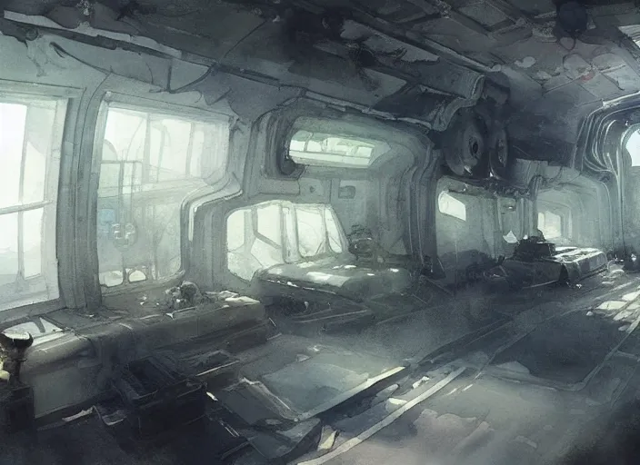 Prompt: watercolor painting abandoned space ship interior, haunting, old computer lights, hazard stripes, very industrial ambient lighting, sun rays, dust, art by anders zorn, wonderful masterpiece by greg rutkowski, cinematic light, american romanticism by greg manchess, creation by tyler edlin