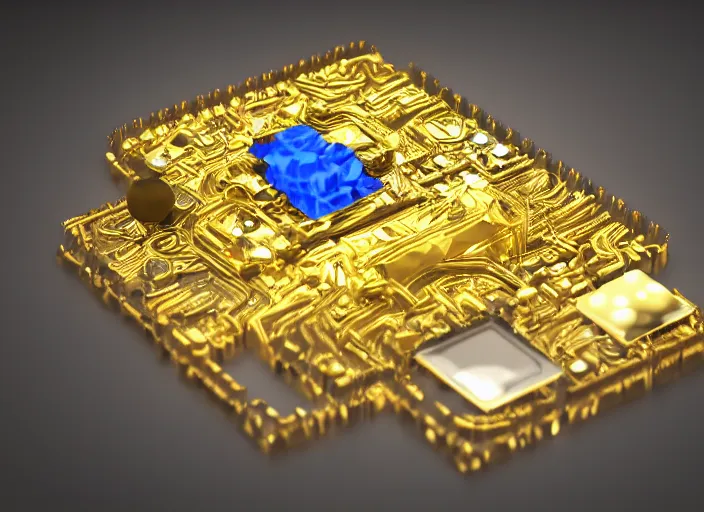 Image similar to magic golden computer chip with a crystal on the center, made by an artificer, product photo, octane render, unreal engine 5, 4 k, 8 k