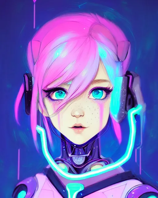 Image similar to art championship winner trending on artstation portrait of a goddess elven mecha warrior princess, head and shoulders, blue hair, matte print, pastel pink neon, cinematic highlights, lighting, digital art, cute freckles, digital painting, fan art, elegant, pixiv, by Ilya Kuvshinov, daily deviation, IAMAG, illustration collection aaaa updated watched premiere edition commission ✨✨✨ whilst watching fabulous artwork \ exactly your latest completed artwork discusses upon featured announces recommend achievement