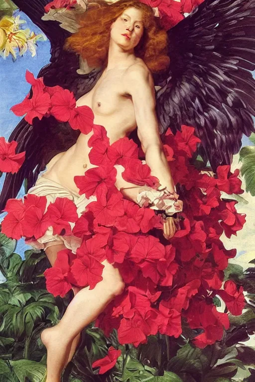 Prompt: female Angel with wings, in a garden, vibrant red hibiscus, tropical pool, golden hour, artstation, by J. C. Leyendecker and Peter Paul Rubens, - 12p