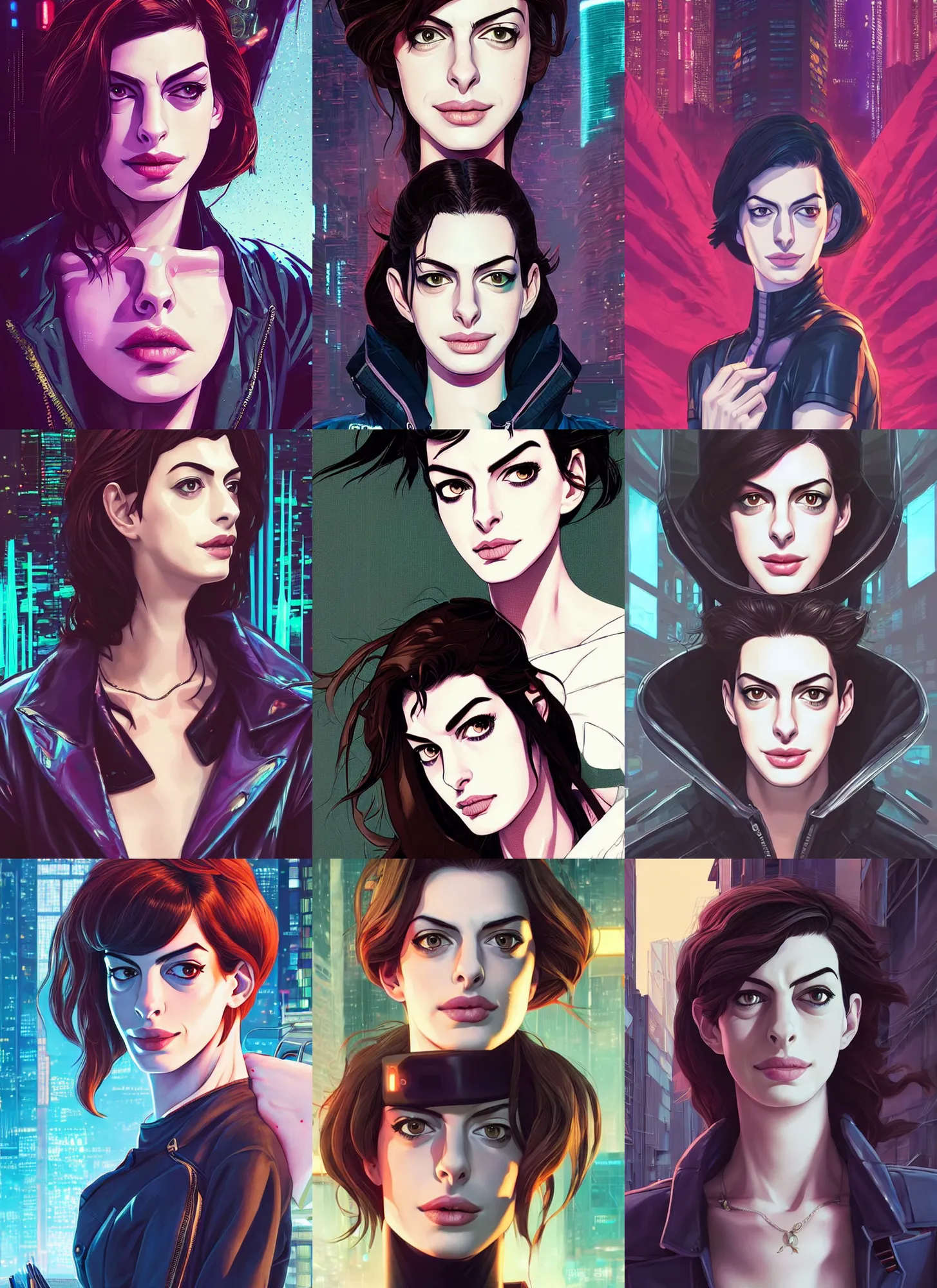 Prompt: a young anne hathaway seductive portrait wearing cyberpunk clothes, detailed face, in a tokyo street, trending on artstation, by dan mumford, yusuke murata, makoto shinkai, ross tran, josan gonzalez, cel shaded, flat colors