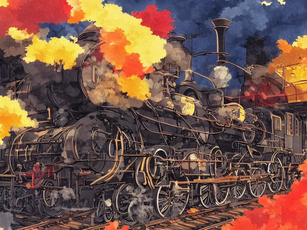 Image similar to cross - section close - up view of a steam anime train, autumn light, colorful, smoke, beautiful, by studio ghibli, digital art, concept art, manga, cute and adorable, illustration