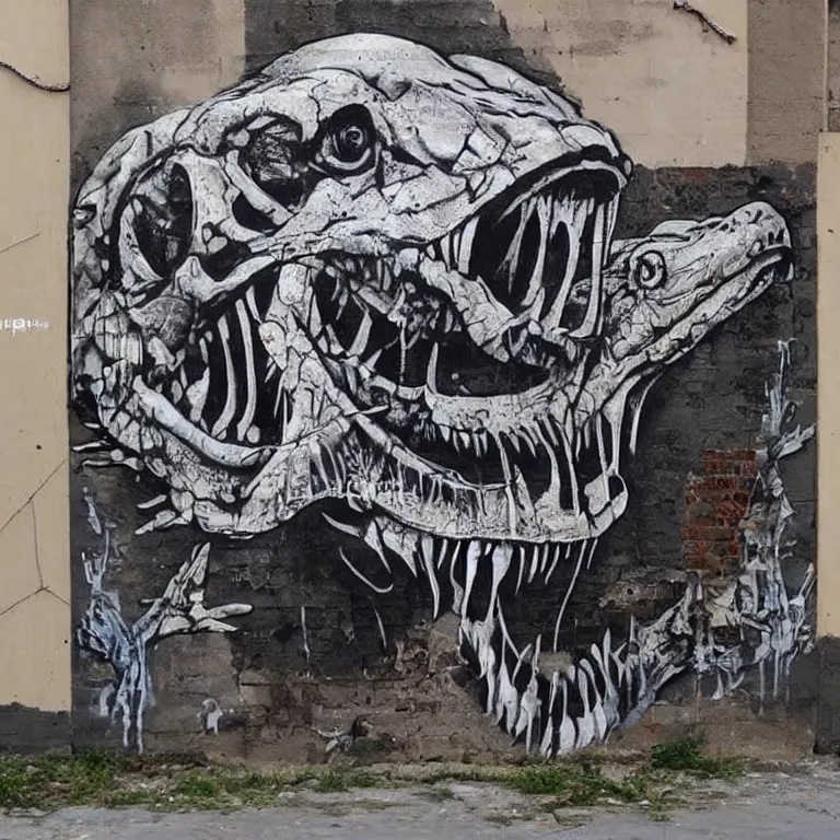 Prompt: Street-art painting of crocodile skeleton in style of Banksy, photorealism