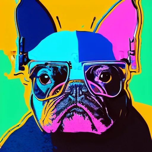 Image similar to illustration of cyberpunk french bulldog in vr helmet, colorful splatters, by andy warhol and by zac retz and by kezie demessance