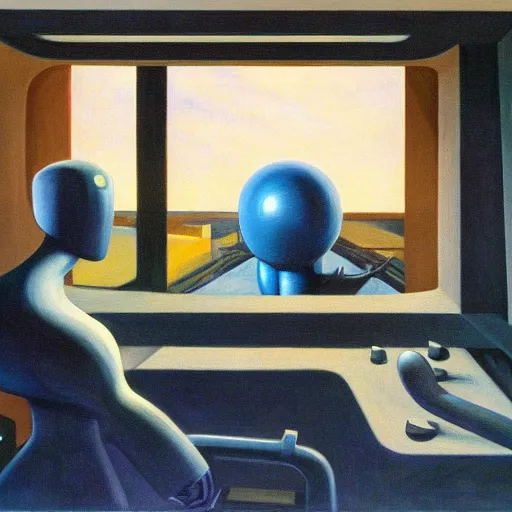 Image similar to robot overlords, spaceship bridge interior, view of earth, blue and gray, pj crook, edward hopper, oil on canvas