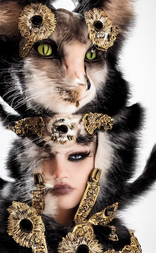 Image similar to a costume exclusively designed by versace for furry catgirls, luxury, expensive, high fashion magazine cover, furry, photo portrait, symmetry, awesome exposition, very detailed, highly accurate, professional lighting diffracted lightrays, 8 k, sense of awe