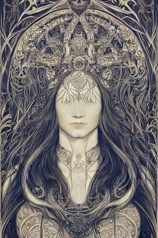 Image similar to a beautiful painting of tane - nui - a - rangi, wisdom, good and evil, white ink + magical + symmetrical + detailed intricate + heraldic design + atmosphere high details, in the style of jean delville, artstation, 8 k, 4 k, cinematic