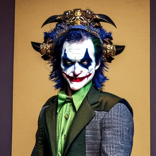 Prompt: professional portrait of the 2 0 1 9 joker wearing a imperial roman helmet, 8 k, very detailed, very intricate,