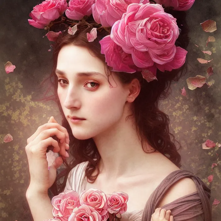 Prompt: a wonderful goddess with the skull made of rose pink petals, intricate, elegant, highly detailed, wonderful eyes, sweet, digital painting, artstation, concept art, smooth, sharp focus, illustration, art by artgerm and greg rutkowski and alphonse mucha and william - adolphe bouguereau