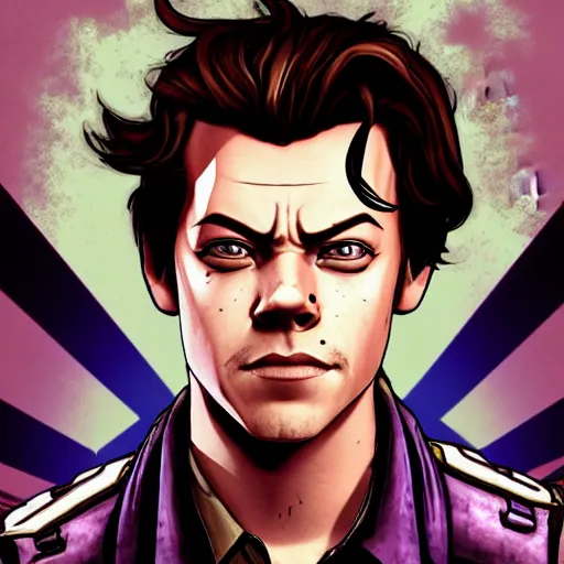 Image similar to harry styles portrait, borderlands, tales from the borderlands, the wolf among us, comic, cinematic lighting, studio quality, 8 k