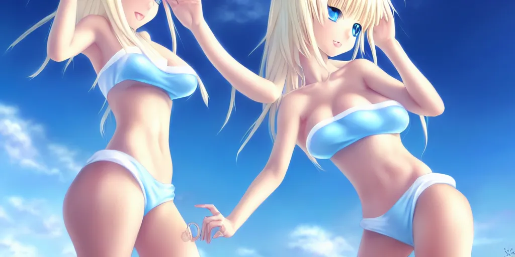 Image similar to tiny father a tall daughter picture : a very beautiful young blond anime girl, sky blue eyes, bikini, white miniskirt, highly detailed, cinematic wallpaper by stanley artgerm lau