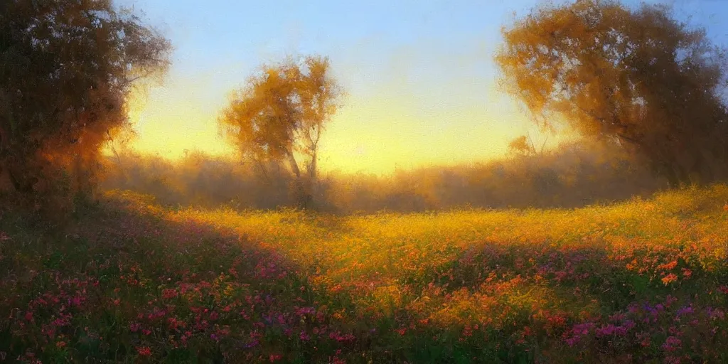 Image similar to an extraordinarily beautiful oil painting of a landscape in spring during sunrise ; the most beautiful painting in the world ; by craig mullins