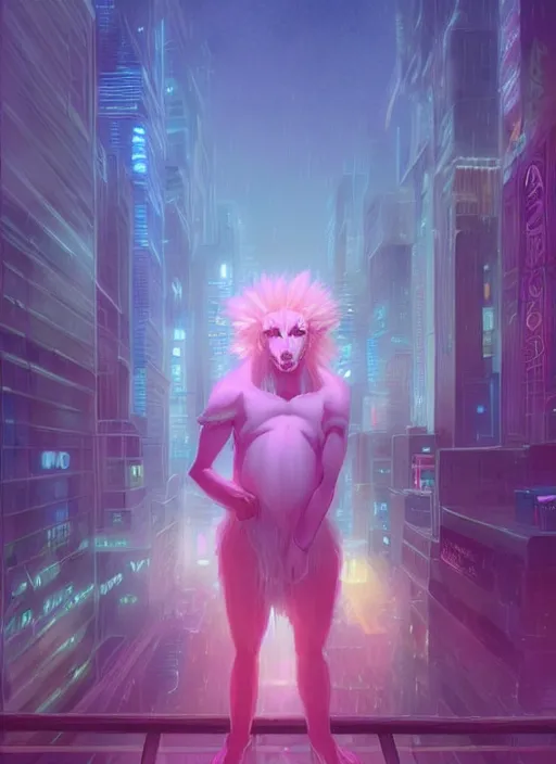 Image similar to beautiful portrait commission of a giant albino male furry anthro lion overlord controlling a vaporwave city at night in the rain below him. Neon light. Atmospheric. Character design by charlie bowater, ross tran, artgerm, and makoto shinkai, detailed, inked, western comic book art, 2021 award winning painting