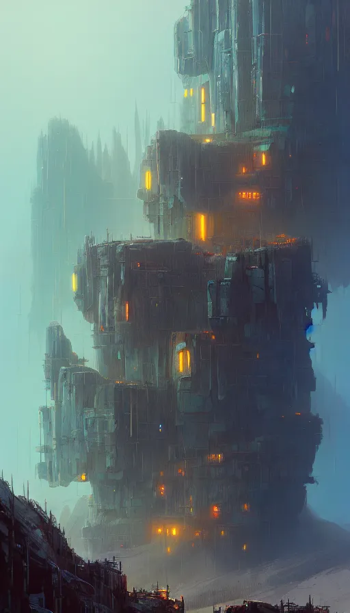 Image similar to concept art of a sci - fi post - apocalyptic monastery at the top of a mountain, grimy, gritty, blade runner 2 0 4 9, trending on artstation, award winning painting, cgi, art by john berkey and anton fadeev and john howe and simon stalenhag